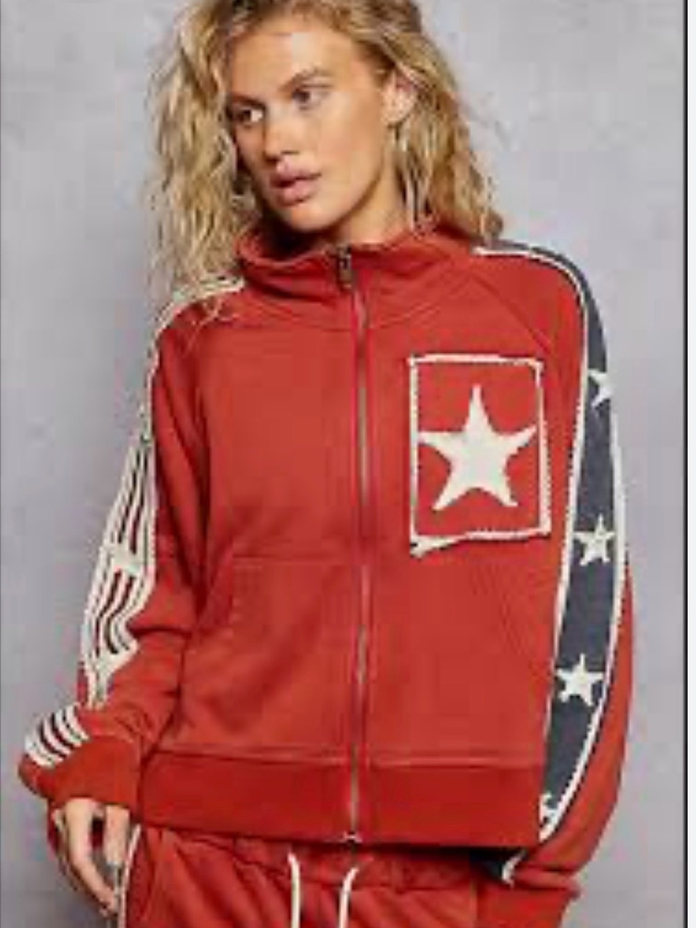 POL Americana Star Patch Zip Up Jacket Red White Blue Boho USA Size Large